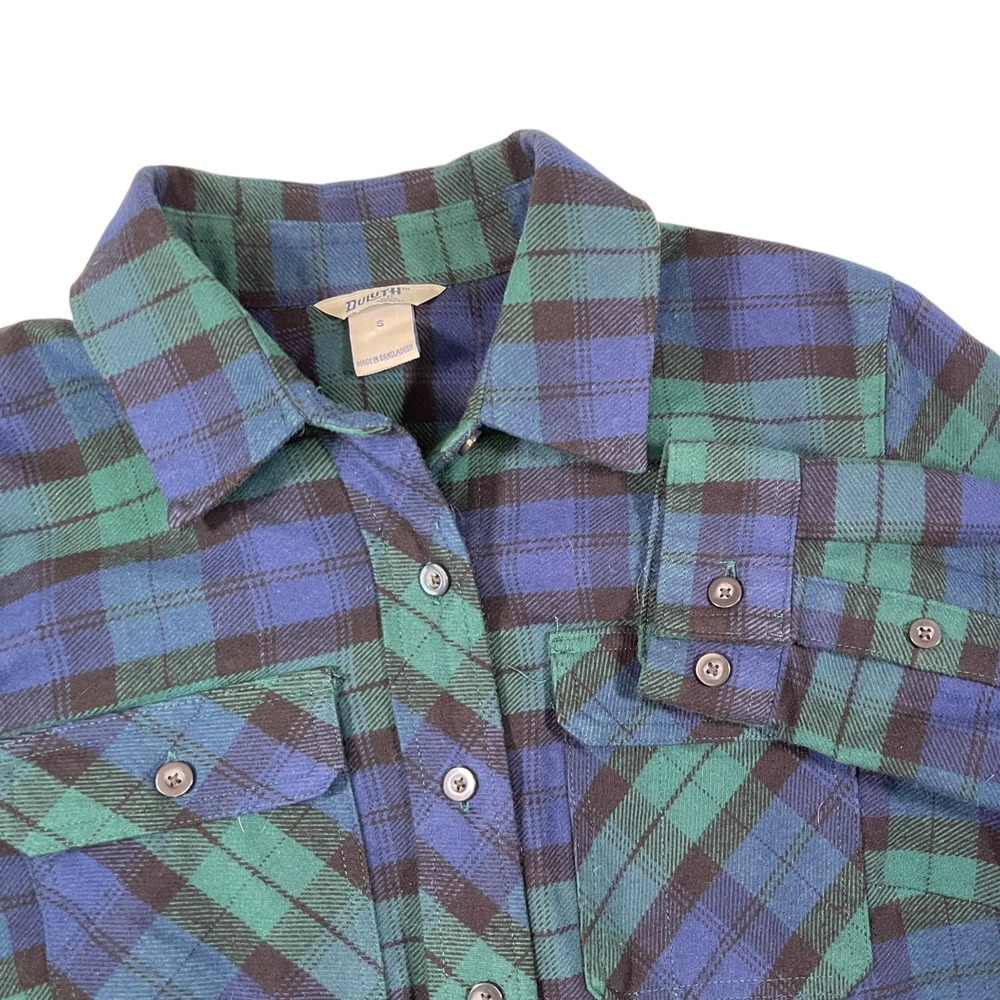 Duluth S Blue Green Plaid Flannel Shirt Long Sleeve Button Down Gorpcore Cabin